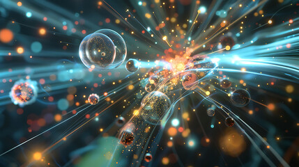 Obraz premium Conceptual visualization of the creation and interaction of various particles in a quantum field