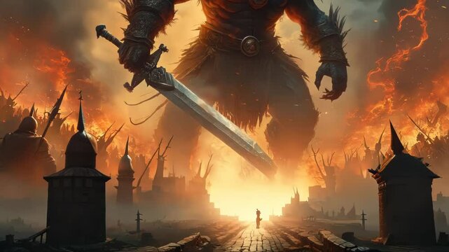 Colossal demon towers over medieval battlefield. Flames engulf fortified city. Silhouette wields massive sword against fiery sky. Chaos and destruction reign in apocalyptic scene.	
