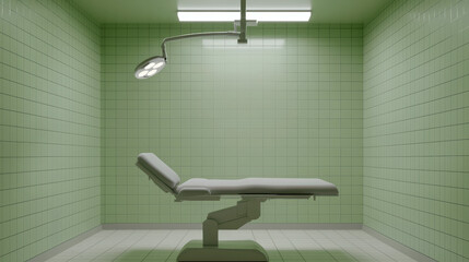Empty sterile hospital room with medical examination table and green tiled walls under bright lights