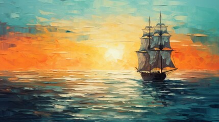 Fototapeta premium 4K Coastal Sailing Ship Minimalist Art with Datamosh and Sunlit Blues