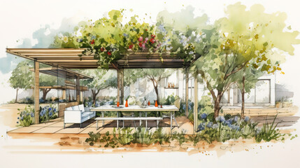 Watercolor Sketch of a Pergola Garden Design