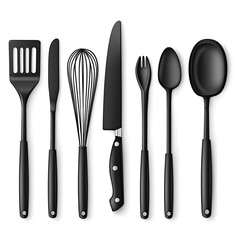 A Black Kitchen Utensils Set Including Spatula, Knife, Whisk, Fork, Spoon, and Ladle