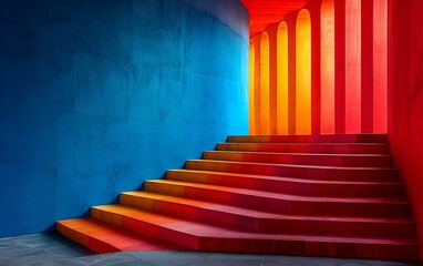 Obraz premium a red and blue staircase with a bright light. 