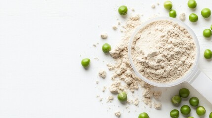 Green pea protein powder with fresh green peas scattered around, highlighting a nutritious supplement choice for health-conscious eating and plant-based diets.
