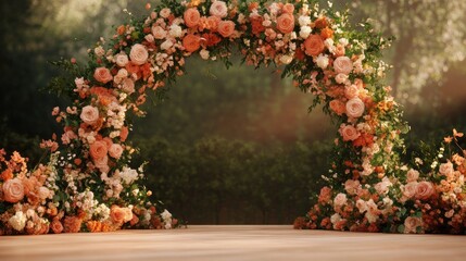 Elegant floral arch adorned with peach roses and delicate blossoms, set against a lush green backdrop, creating a romantic atmosphere for outdoor celebrations.