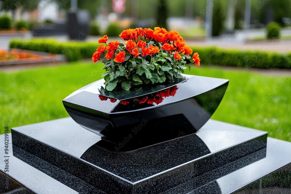 Poster a modern, minimalist tombstone design with sharp lines and a polished finish, placed in a sleek, urb