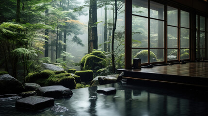 Fototapeta premium Serene Japanese Garden with Fog and Reflections