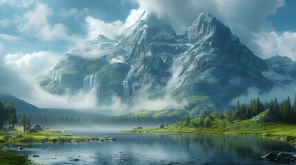 A picturesque view of majestic mountains, a tranquil lake, and vibrant trees.
