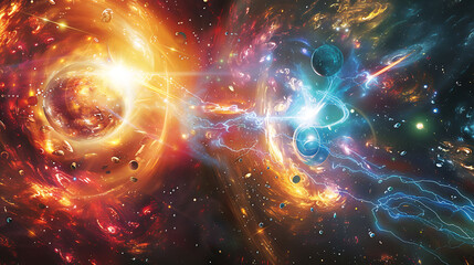 Cosmic scene showing the birth of atoms and the interaction of quarks and gluons