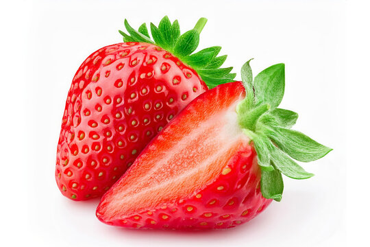 Strawberry isolated. Strawberries isolate. Whole, half, cut strawberry on white. Strawberries isolate. Side view organic strawberries. Full depth of field. With clipping path.