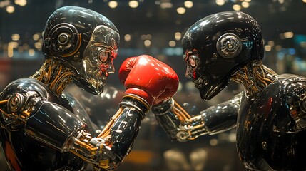 Two Powerful Cyborg Rivals Engaging in an Intense Futuristic Boxing Match