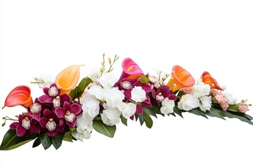 Obraz premium A vibrant arrangement of orange, pink, and white flowers with green leaves.