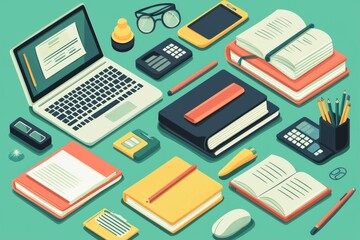 Illustration of educational learning tools set on table created with Generative AI