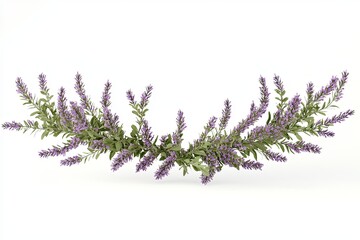 Lavender sprigs with purple flowers arranged in an arc on a white background.