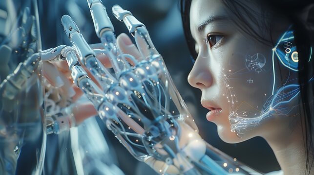 woman with a robotic hand reaching out to her face. The image is stylized with futuristic lights and a blue color palette, highlighting the technological aspects of the subject.