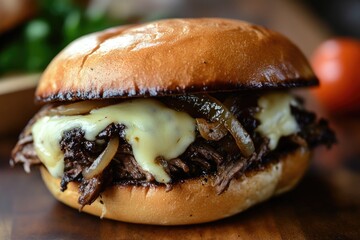Close-up of a Cheesesteak Sandwich with Melted Cheese and Caramelized Onions