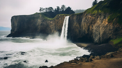 Obraz premium Waterfall Cascading into the Ocean on a Misty Coast