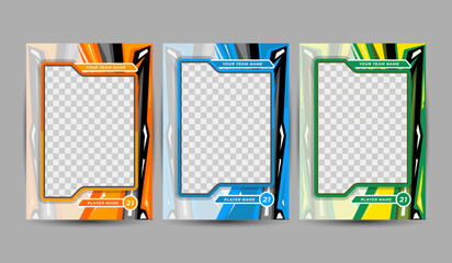 Blank card templates in orange, blue, and green, Set of trading frames for game sports card template