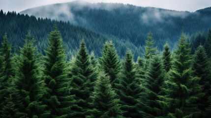 Fototapeta premium Misty Forest Landscape: Tranquil Evergreen Trees in a Serene Setting