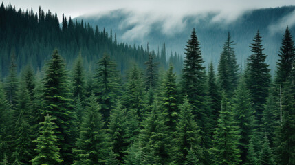 Fototapeta premium Majestic Evergreen Forest: Foggy Landscape Photography