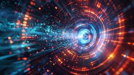 Abstract Tunnel of light created with digital art. Glowing circles and lines radiate outwards from a central point creating a sense of speed and energy.