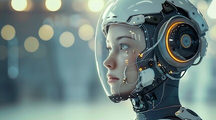 Portrait of a futuristic cyborg woman with a protective helmet, showcasing a blend of technology and humanity.