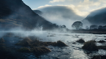 Naklejka premium Misty Mountain River Landscape Photography