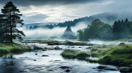 Misty River Flowing Through a Tranquil Forest