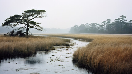 Serene River Landscape with Fog and Trees
