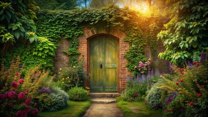 Naklejka premium Hidden garden behind a mysterious door, secret, area, hidden, garden, door, mysterious, entrance, secluded