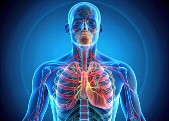 A 3D illustration of the human respiratory system showcasing lungs, trachea, bronchi, and diaphragm in a transparent body, highlighting lung function and airway pathways.
