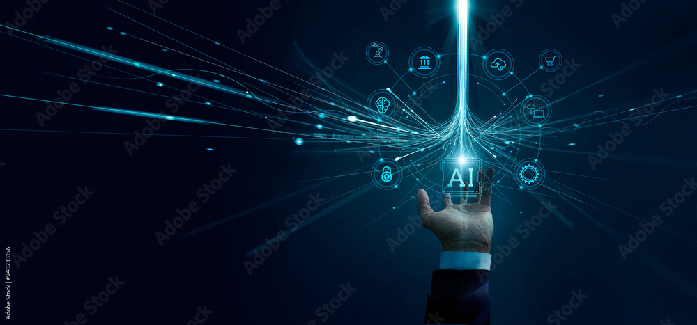 Aufkleber .AI, Machine learning, Hand touch a structure fastest ai data network connection, Internet technology, data transfer, Fast digital communication and information technology advancement for business.