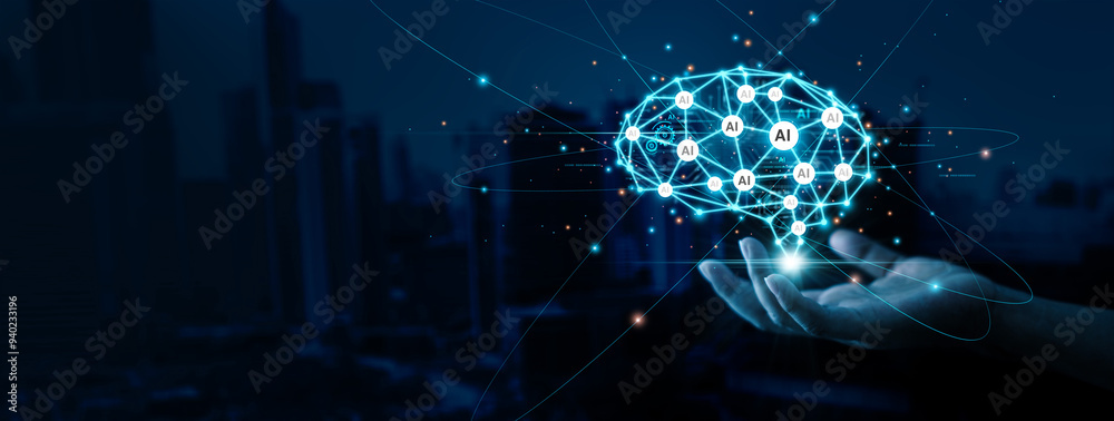 Aufkleber Hand hold of Ai brain, Intelligent AI learning system. data and algorithms, Machine learning and development. Cybernetic intelligent brain for business, Science and artificial intelligence technology.