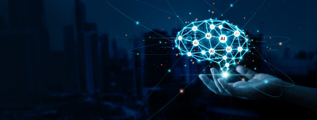 Hand hold of Ai brain, Intelligent AI learning system. data and algorithms, Machine learning and development. Cybernetic intelligent brain for business, Science and artificial intelligence technology.