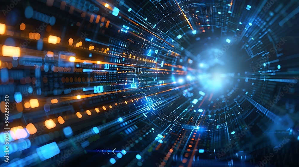 Poster digital abstract tunnel with bright light streaks representing data flow through the network.