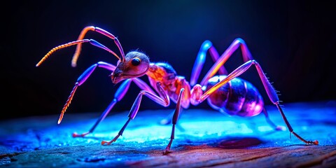 Fototapeta premium Close up image of an ant under blacklight , insect, macro, close-up, glowing, UV light, fluorescent, nature, wildlife
