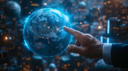 Businessman presenting futuristic business world metaverse graphic. In the form of innovation in digital business processing technology, innovation of the 21st century