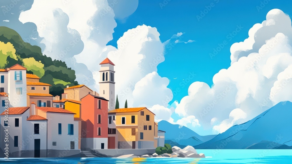 Canvas Prints A vibrant seaside village illustration featuring playful textures and whimsical elements in a charming cartoon style.