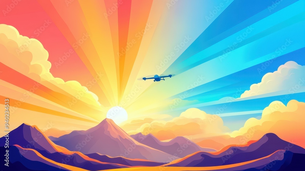 Poster Soar high above a stunning mountain range, with vivid clouds adding a whimsical touch to the picturesque landscape.