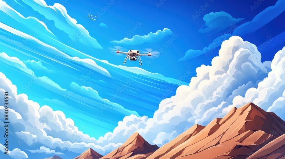 Poster Soar high above a stunning mountain range, with vivid clouds adding a whimsical touch to the picturesque landscape.