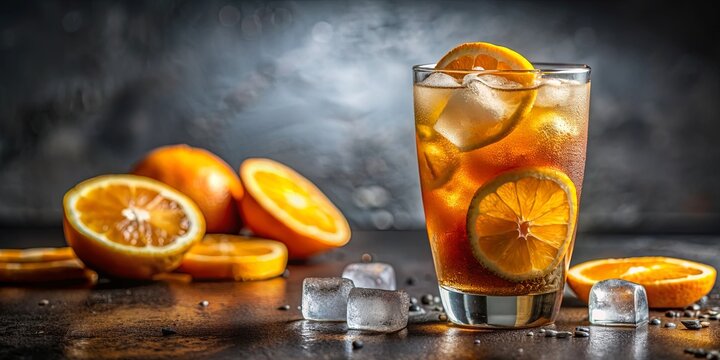Copo de refrigerante de guaran? com rodela de laranja e pedras de gelo em fundo e, guaran?, refrigerante, laranja