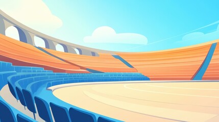 Vibrant digital art showcases stadium bleachers, merging modern design with playful textures and a lively cartoon style.