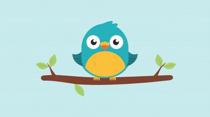 Obraz premium Vibrant cartoon bird on a branch, showcasing sleek textures and a modern flat design that catches the eye and adds fun.