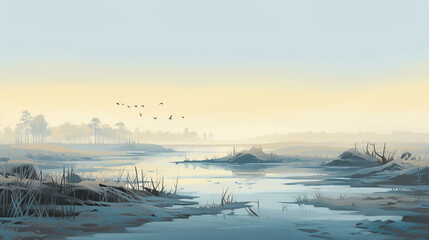 Serene River Landscape with Fog and Birds