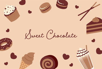 vector background with a set of chocolate cakes and sweets for banners, cards, flyers, social media wallpapers, etc.