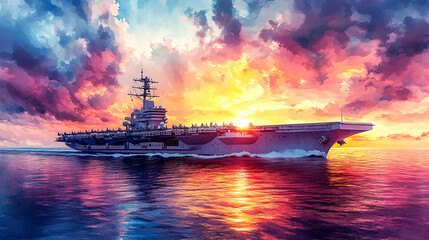 Obraz premium Commanding the Horizon: High-Tech Aircraft Carrier at Watercolor Sunset