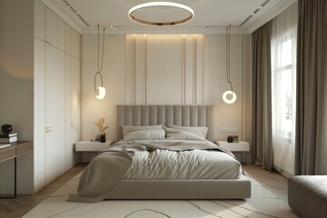  Modern bedroom with gray velvet bed, wooden headboard and footboard, white wardrobe, beige carpet, small round light ring, modern desk, and gray sofa. Neutral color scheme and studio lighting.