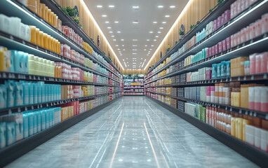 Obraz premium Blurry shopping shelves in supermarkets and department stores