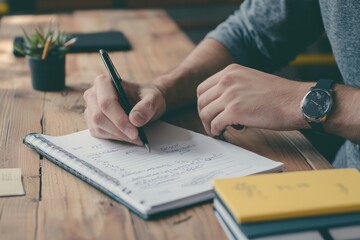 A manager sets personal development goals with a career coach, using a planning document to outline steps