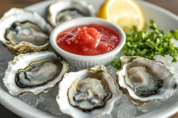Fresh Oysters on Ice with Cocktail Sauce and Lemon
